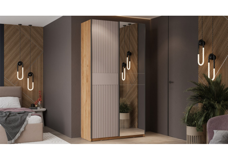 Шкаф-купе с 1 глухой и 1 зеркальной дверями «Оскар Хилтон» Ручка черная, Дуб Крафт золотой, Кашемир сатин
