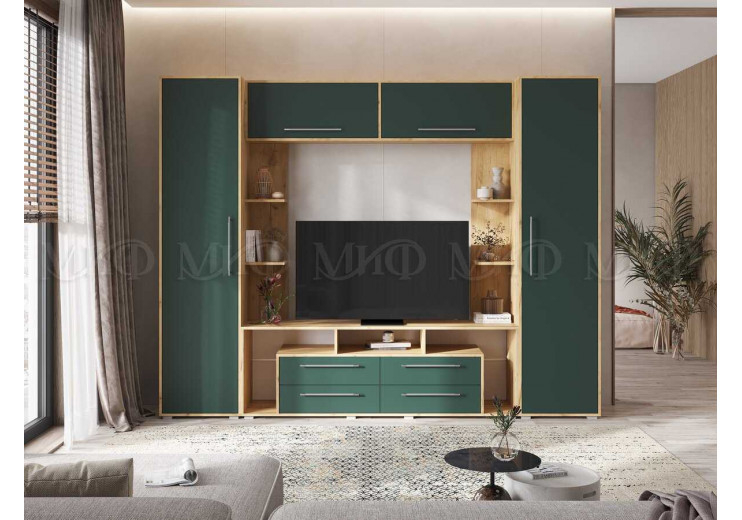 СТЕНКА ДЛЯ ГОСТИНОЙ ГАРМОНИЯ (БРАШ МЕНИ ГРИН, ДУБ КРАФТ)