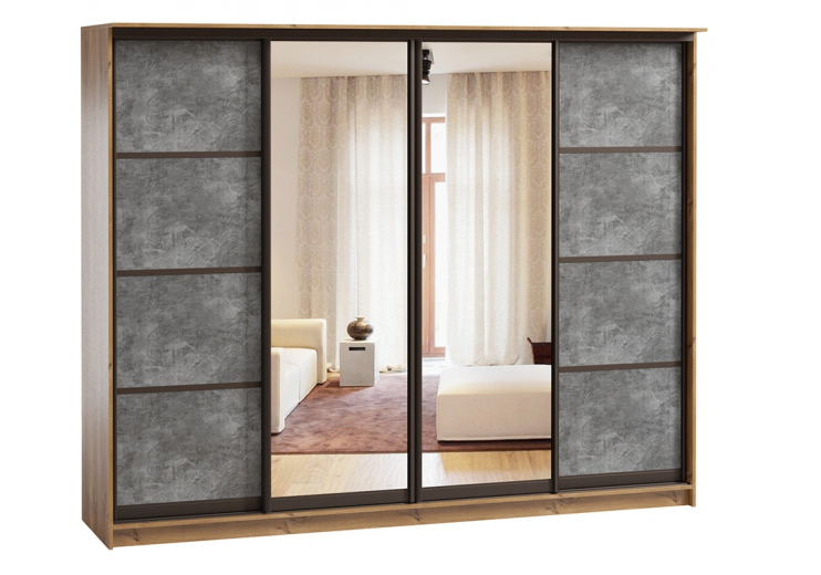 Шкаф купе 4 двери (дуб вотан, цемент светлый, профиль коньяк)